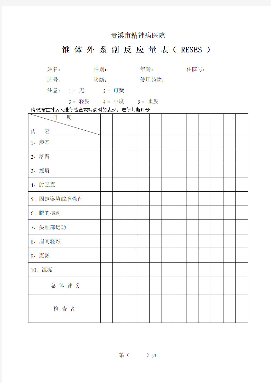 锥体外系副反应量表(RESES)