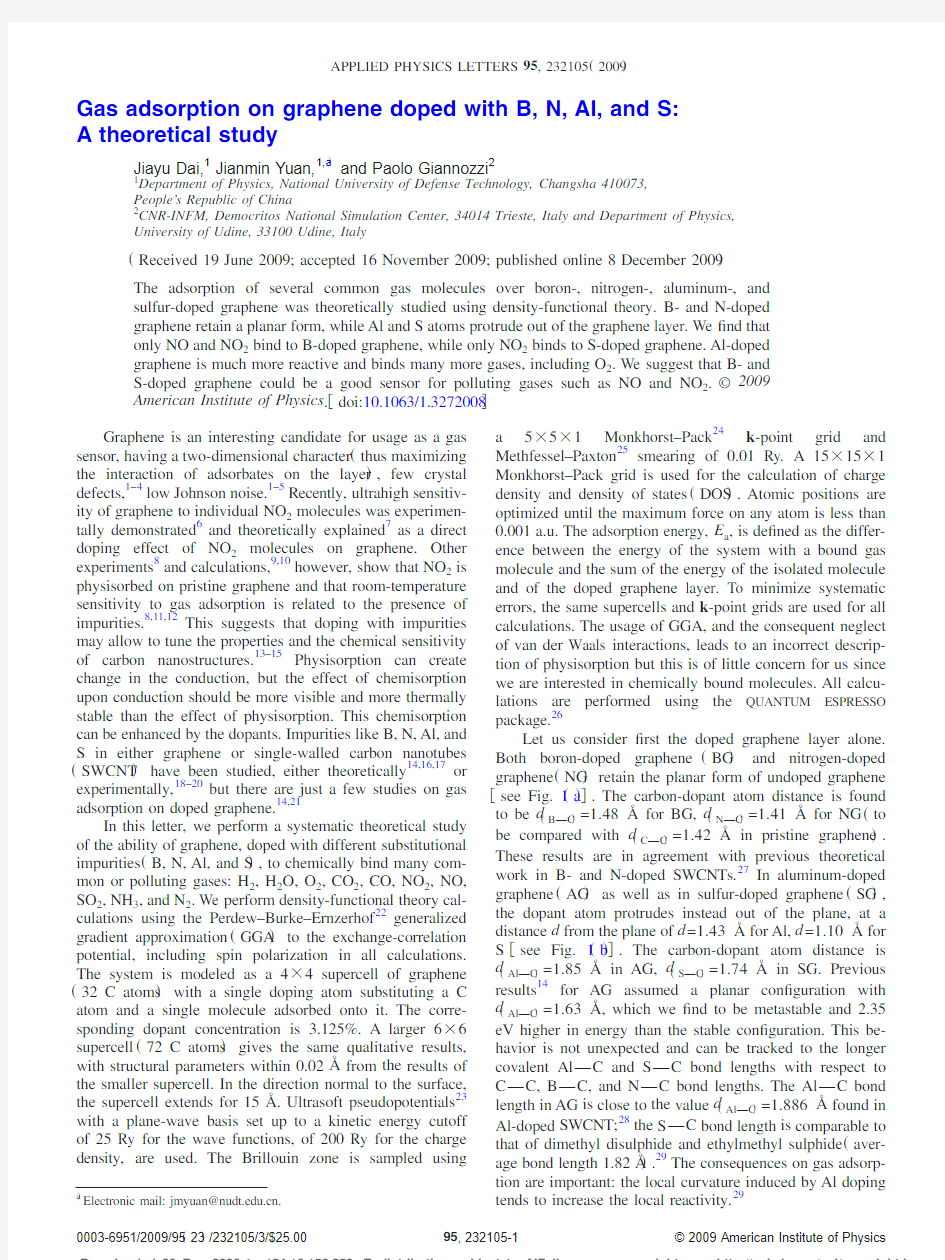 007Gas adsorption on graphene doped with B,N,Al,and S_A theoretical study