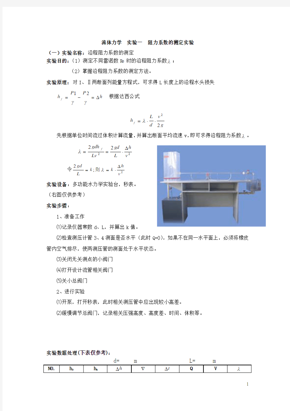 流体力学  实验一  阻力系数的测定实验