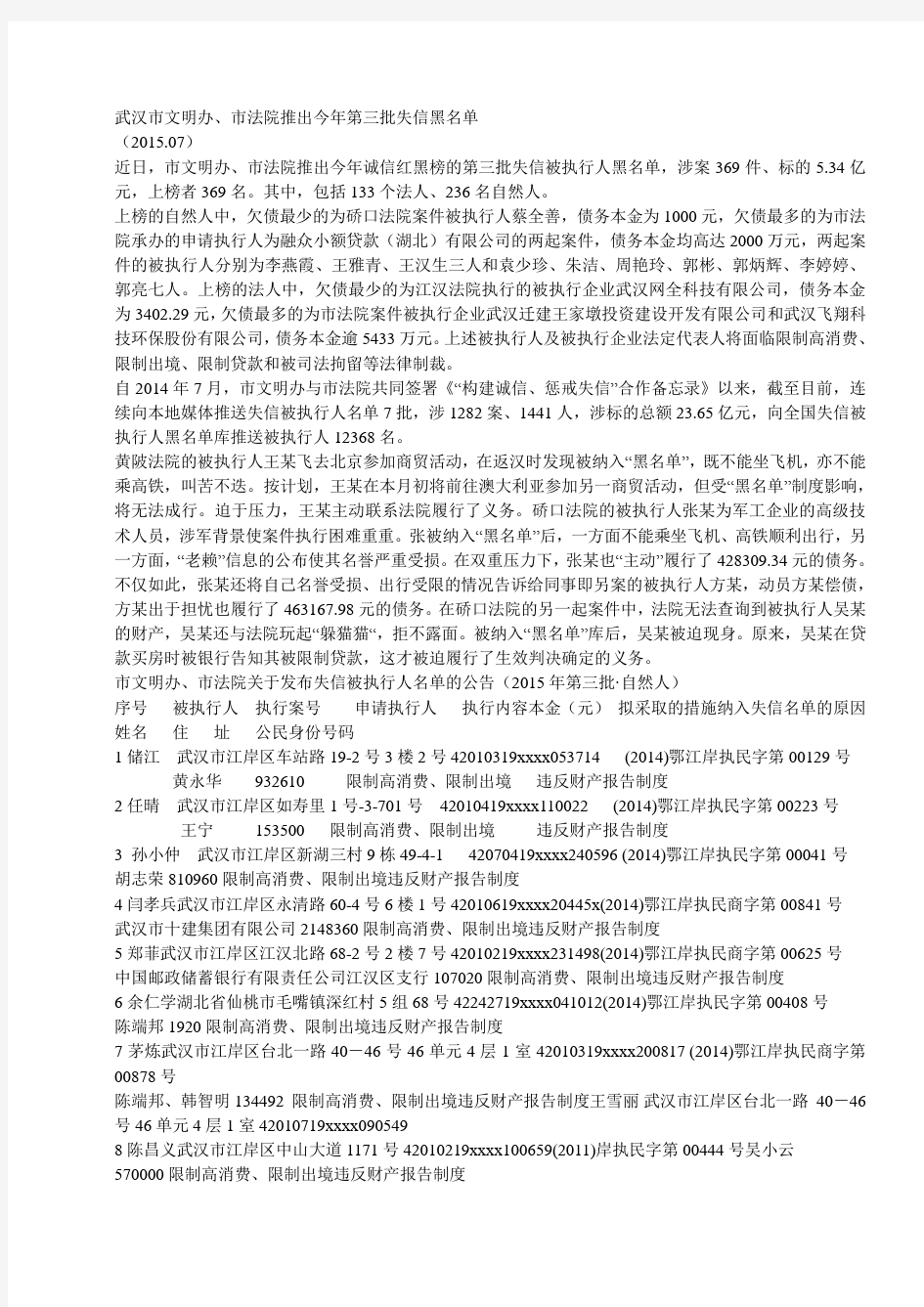 武汉2015第三批失信被执行人名单