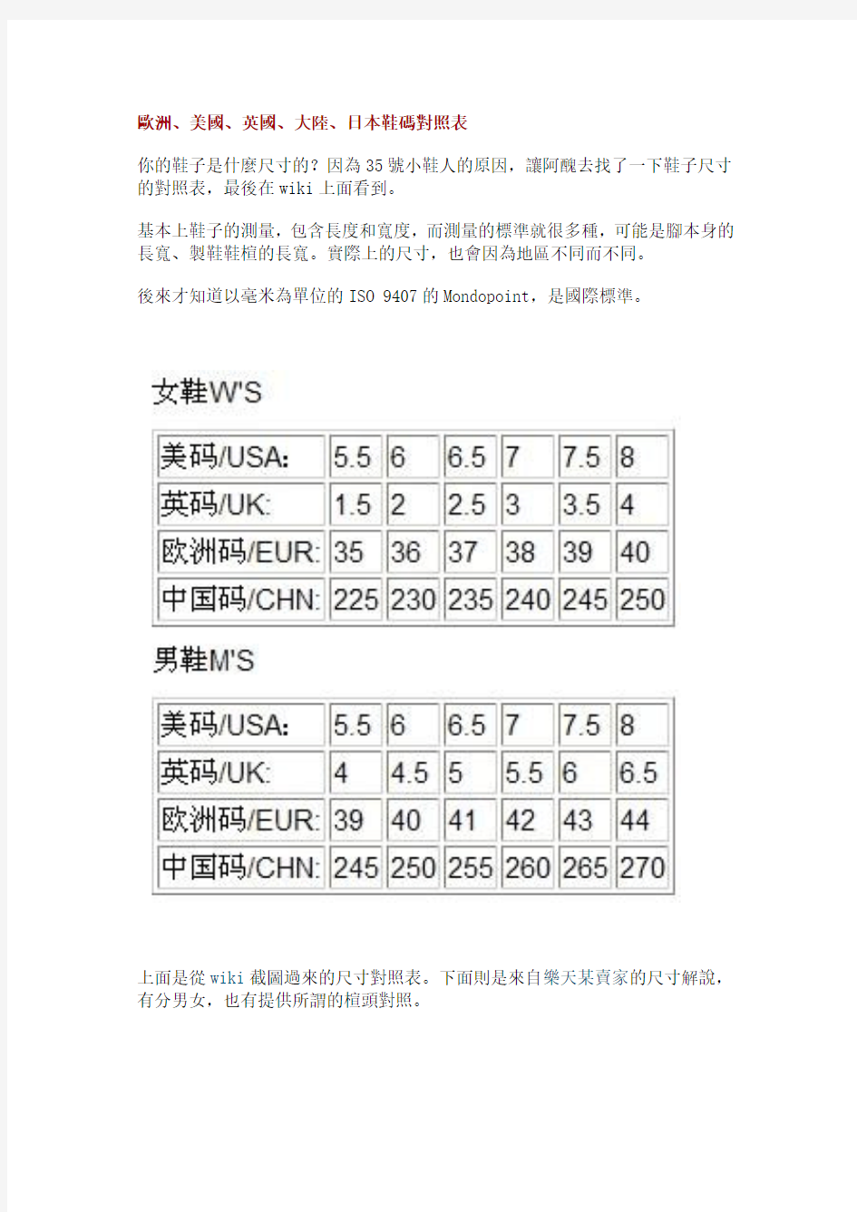 欧洲、美、英、大陆、日本鞋码对照表