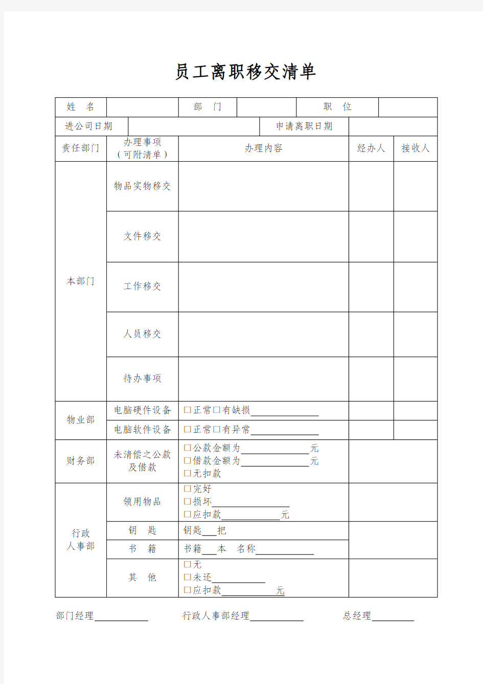 员工离职移交清单