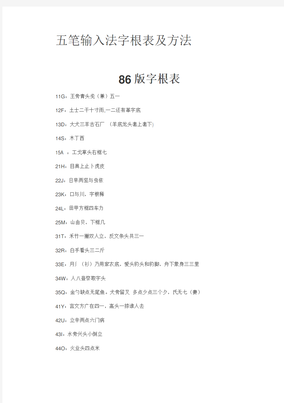 五笔输入法字根表及方法