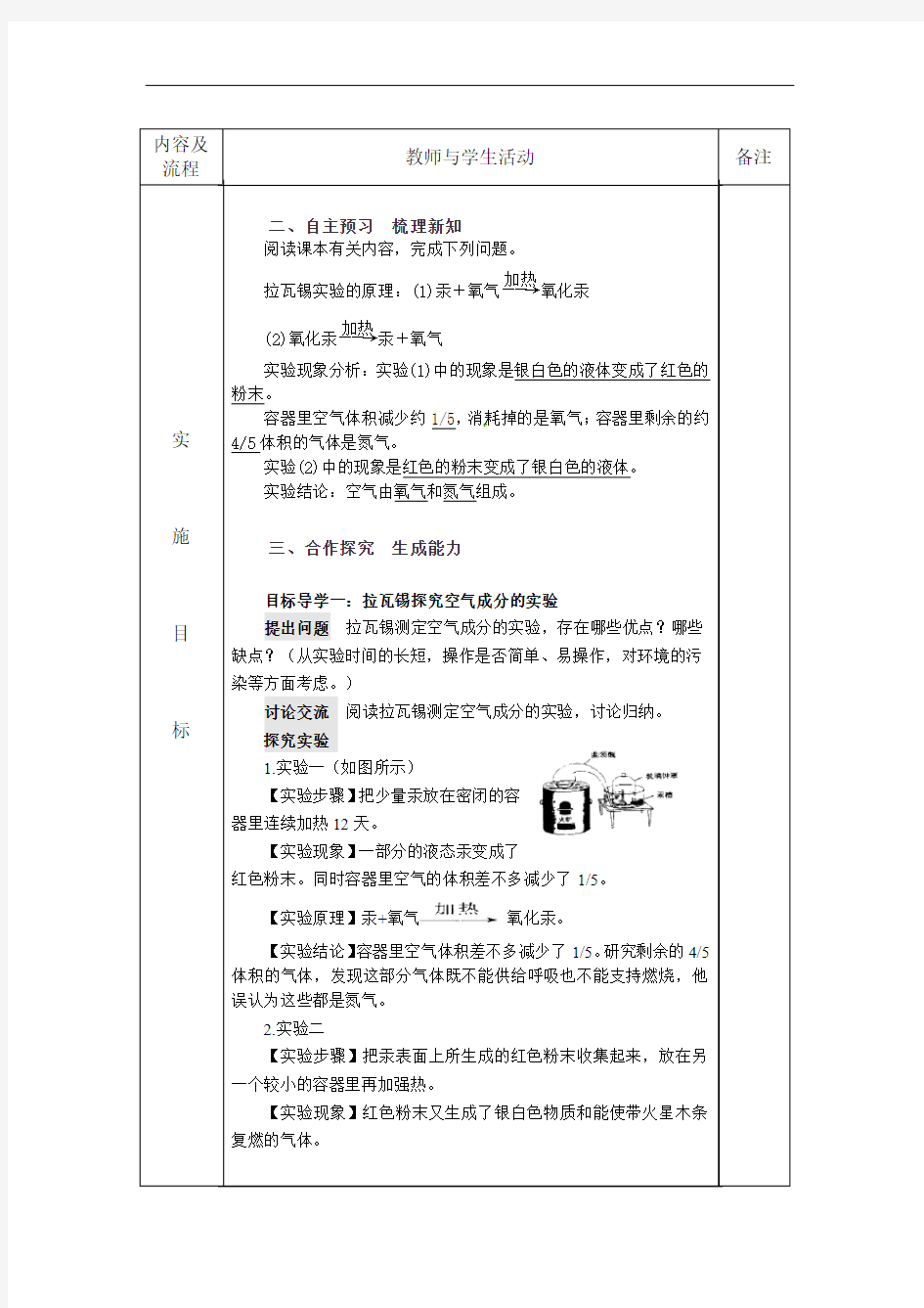 人教版九年级化学 上册 第二单元 课题1 空气 第1课时 教案(表格式)