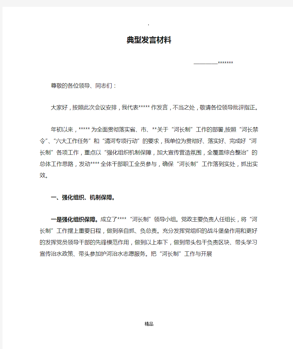 河长制工作典型发言材料