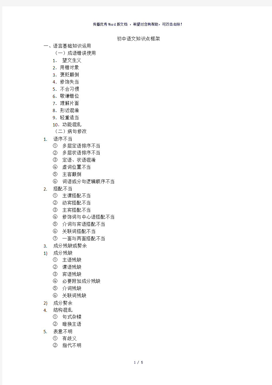 初中语文知识点框架