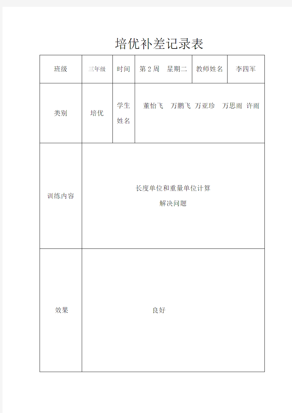 小学三年级上册数学培优辅差记录表71541