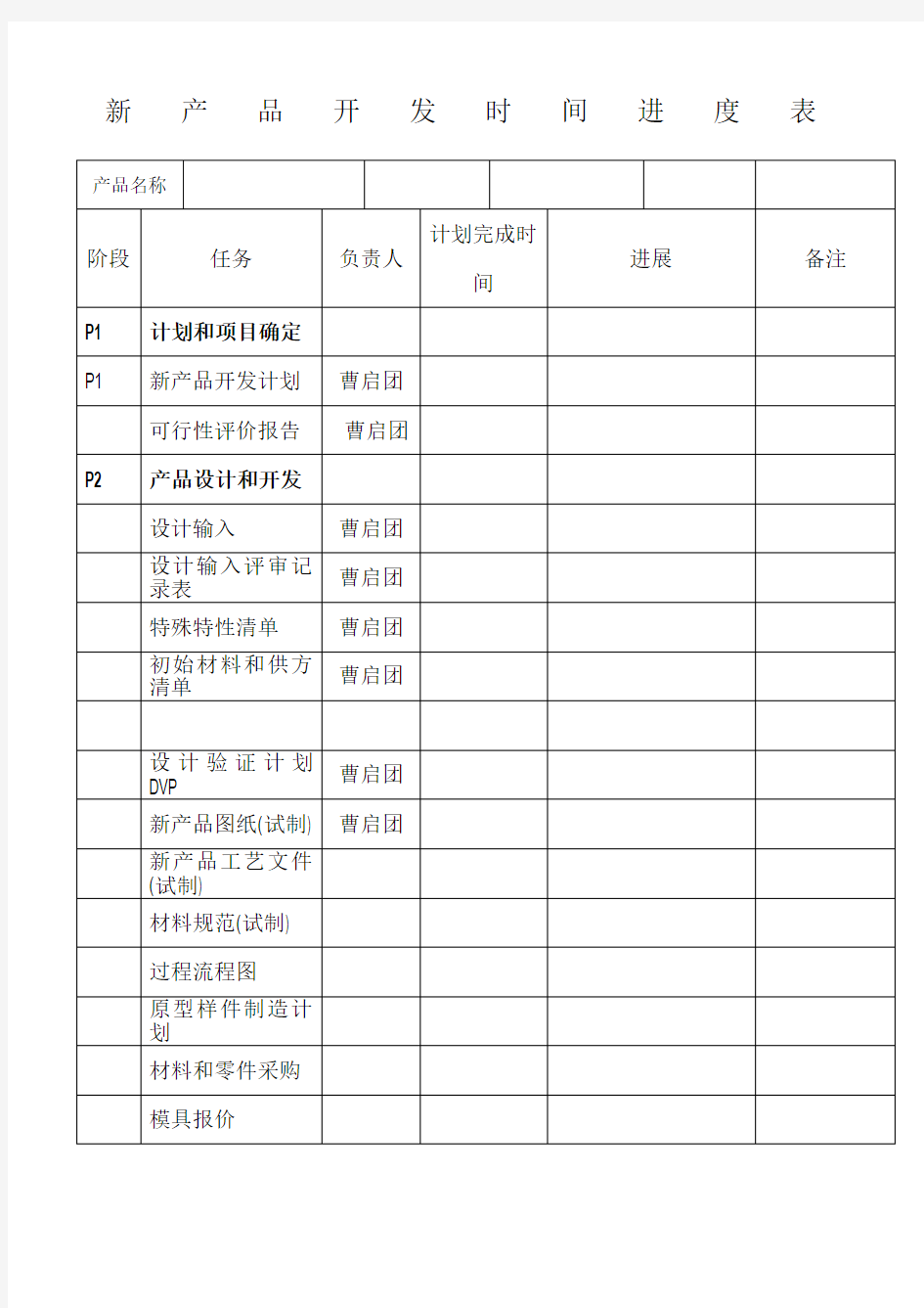 新产品开发时间进度表