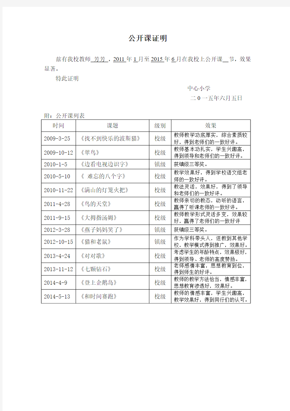 任现职以来公开课证明