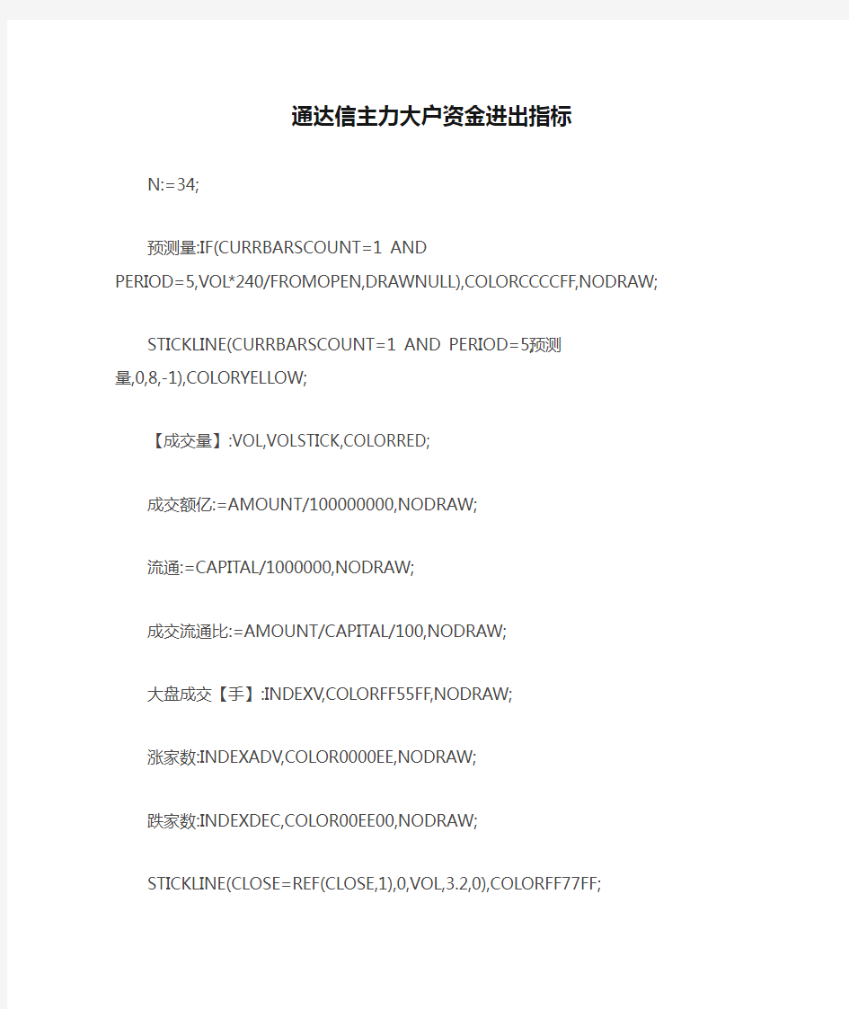 通达信主力大户资金进出指标指标公式源码