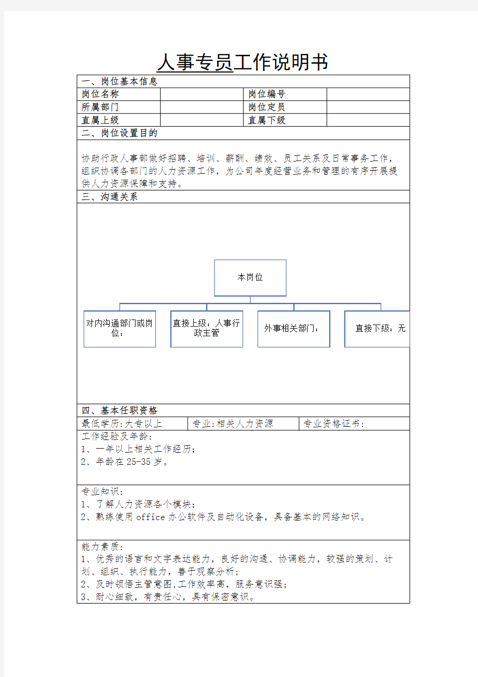 人事专员工作说明书