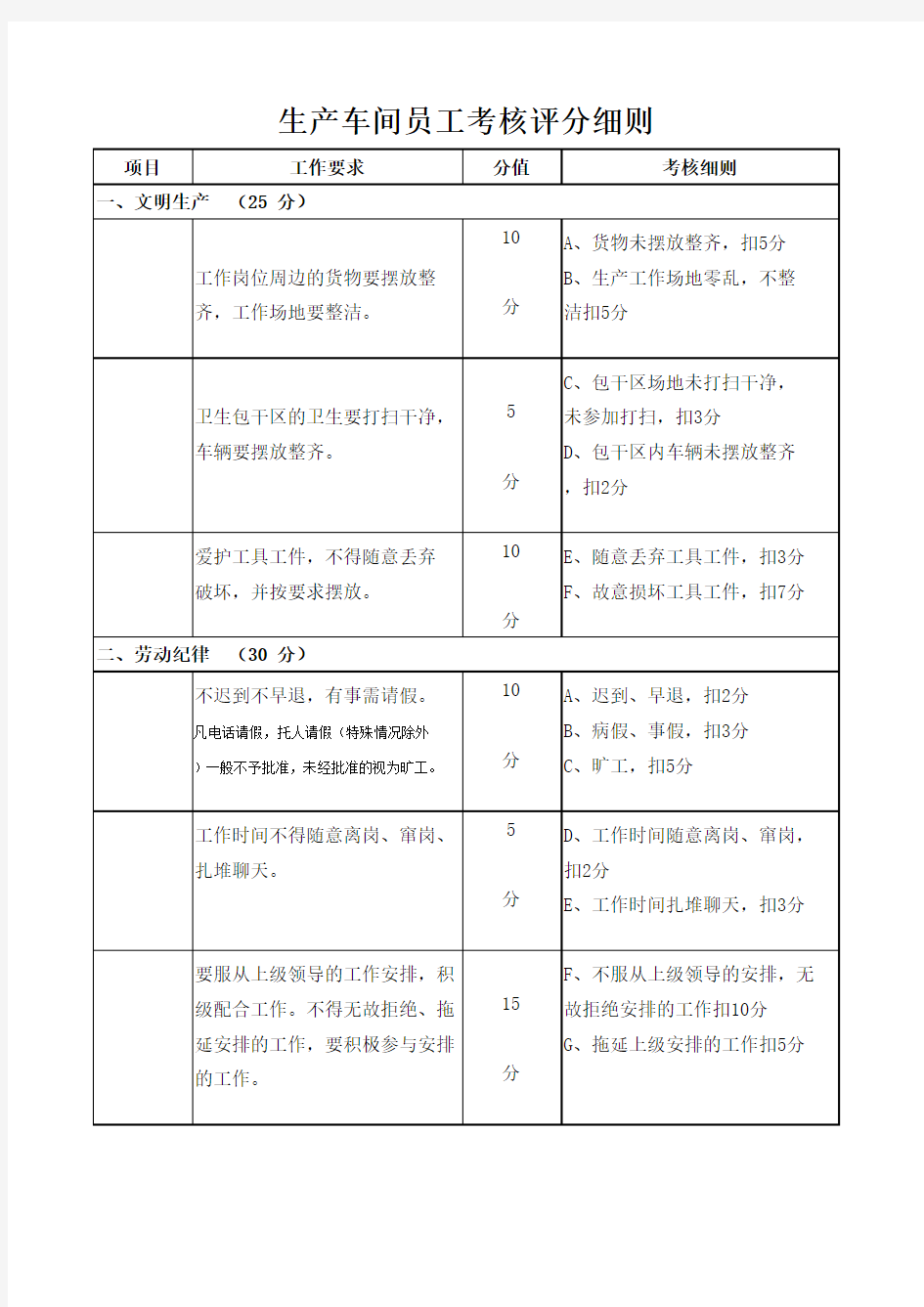 生产车间员工考勤表