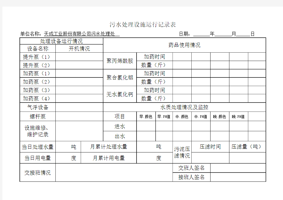 污水处理站运行记录表