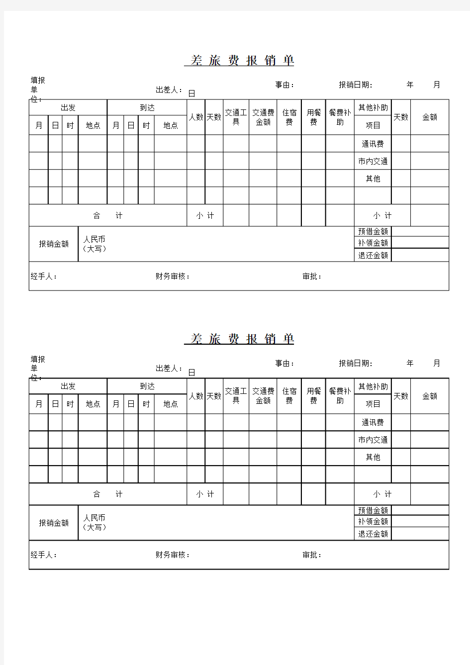 差旅费报销单EXCEL模板-最新版