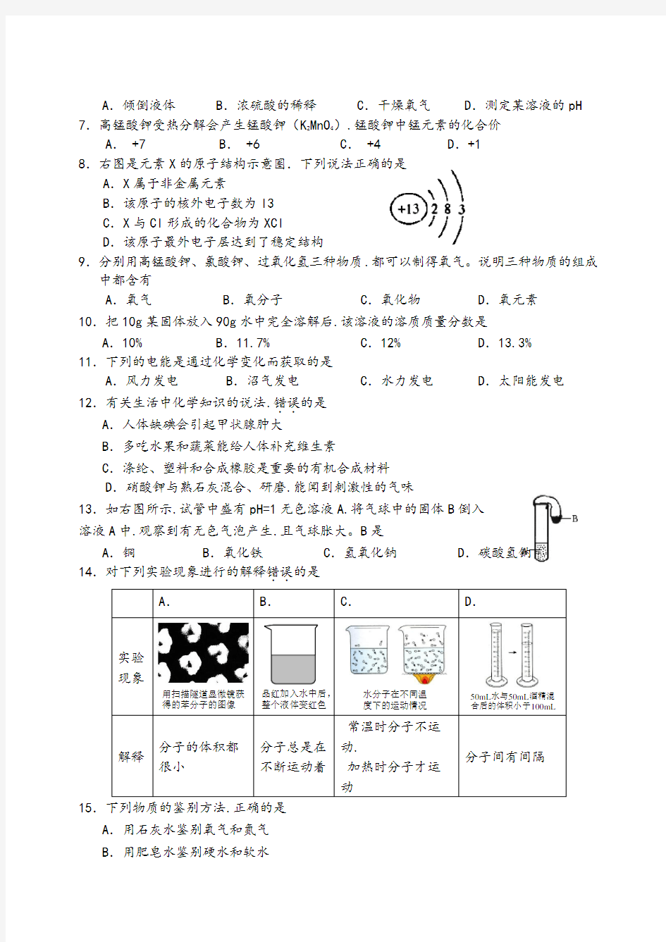 2020年广州市中考化学一模试题和答案