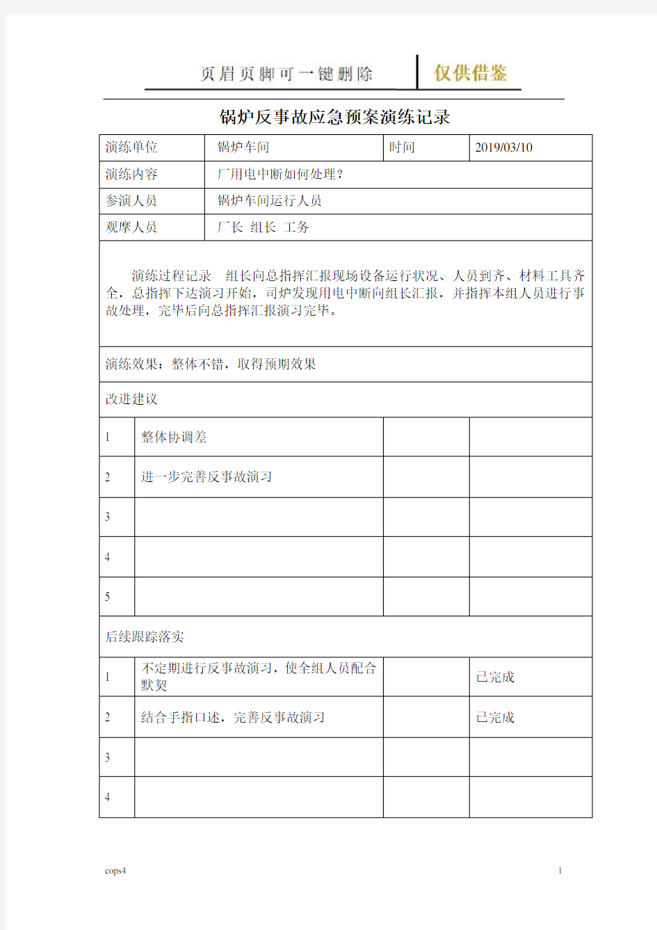 锅炉故应急预案演练记录表(图表记录)