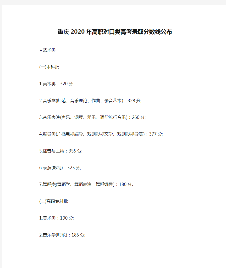 重庆2020年高职对口类高考录取分数线公布