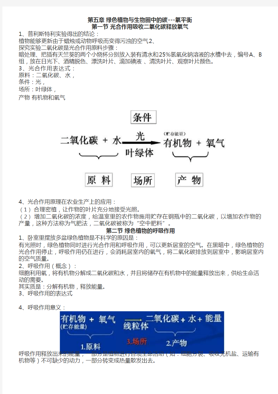 人教版生物七年级上册第五章《 绿色植物与生物圈中的碳—氧平衡》知识点