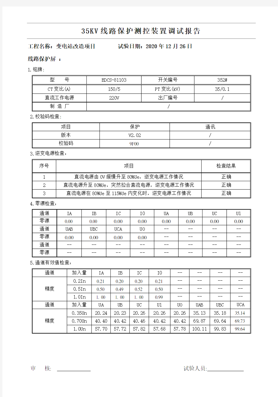 35KV线路保护测控装置调试报告