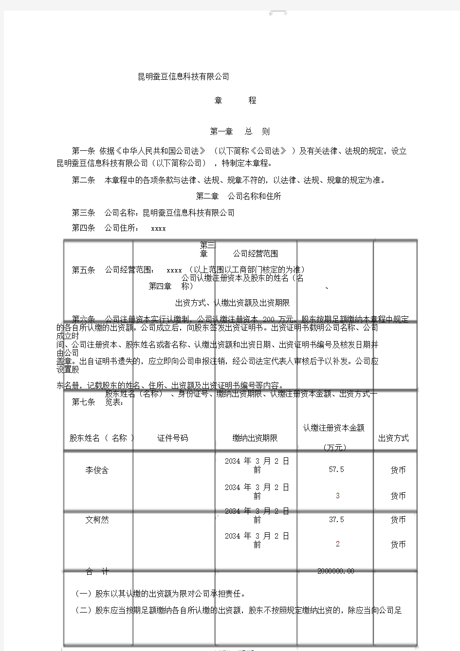 2019最新有限责任公司章程范本