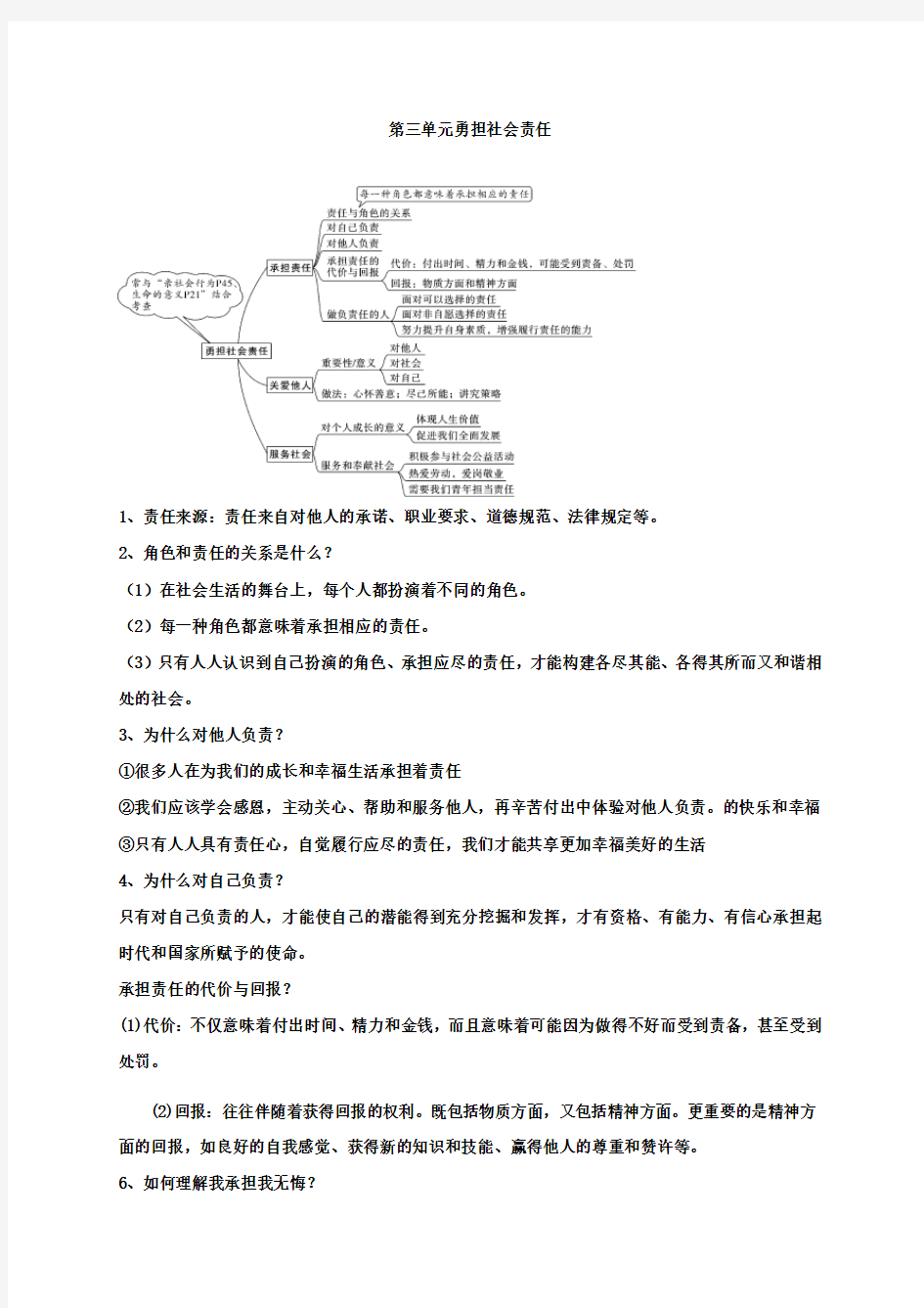 2021届中考道德与法治一轮复习知识点：八年级上册第三单元 勇担社会责任