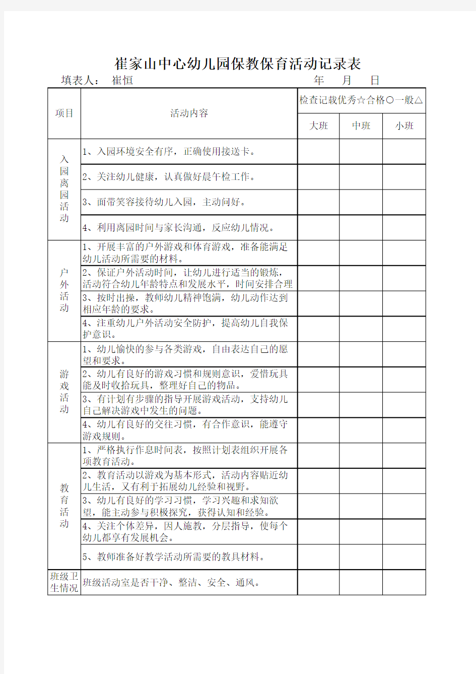 幼儿园一日工作检查表(1)