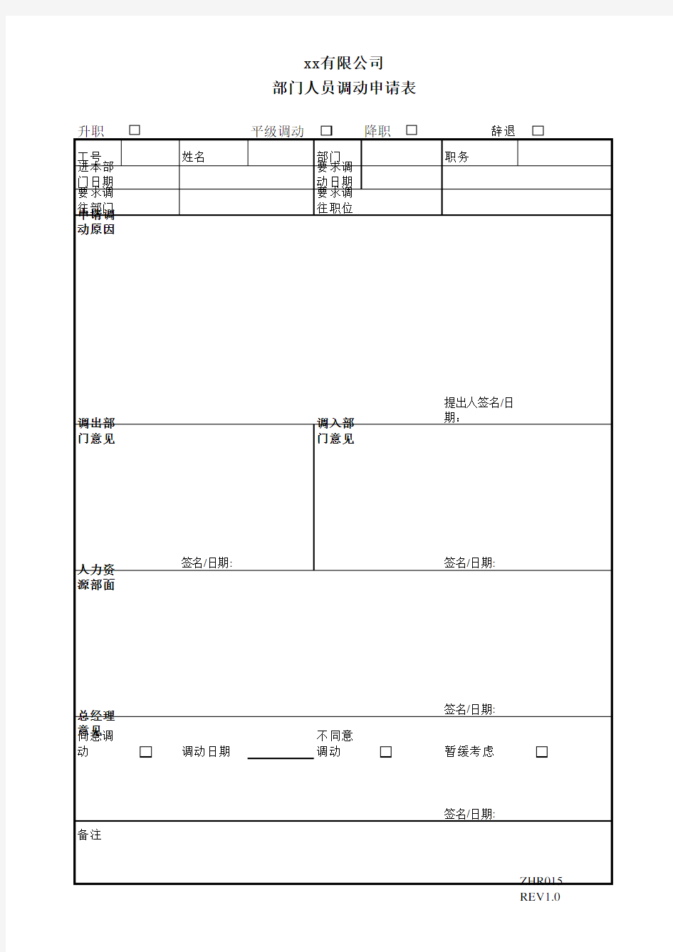 2020年最新部门人员调动申请表