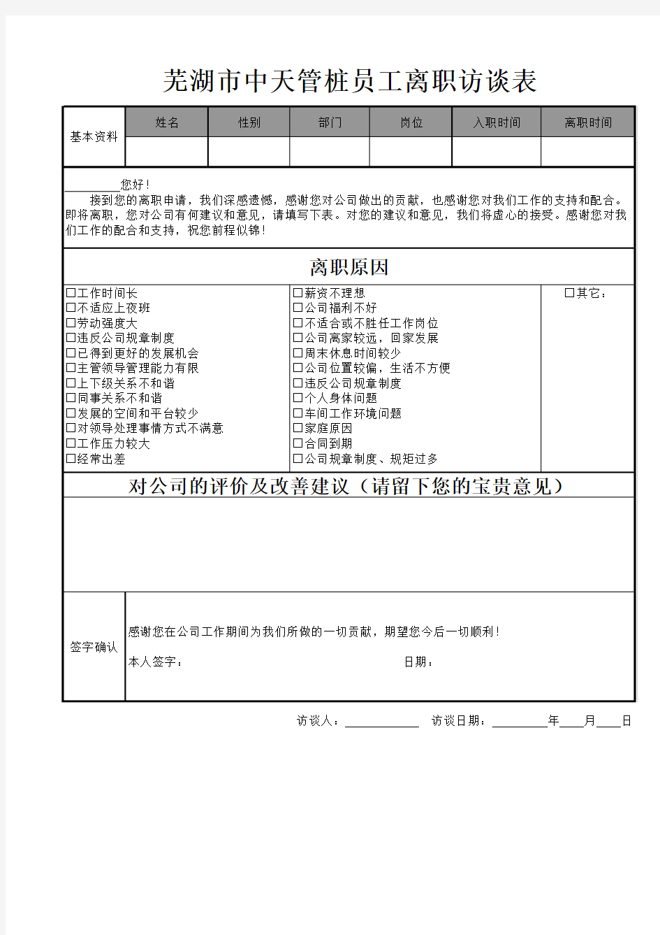 离职原因调查及访谈表(最终)