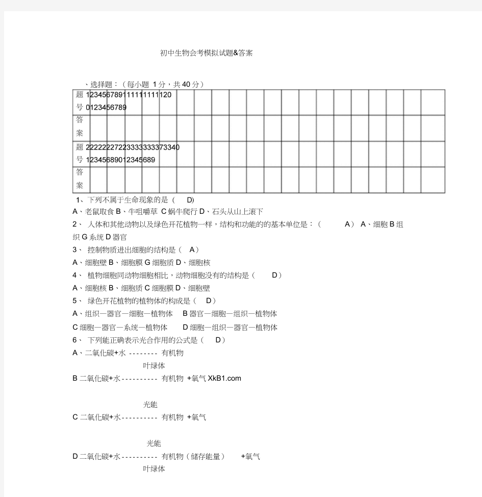 2018年初中生物会考试题与答案解析