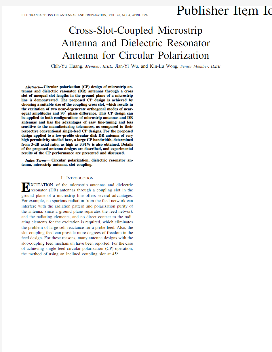 Cross-Slot-Coupled Microstrip Antenna and Dielectric Resonator Antenna for Circular Polarization