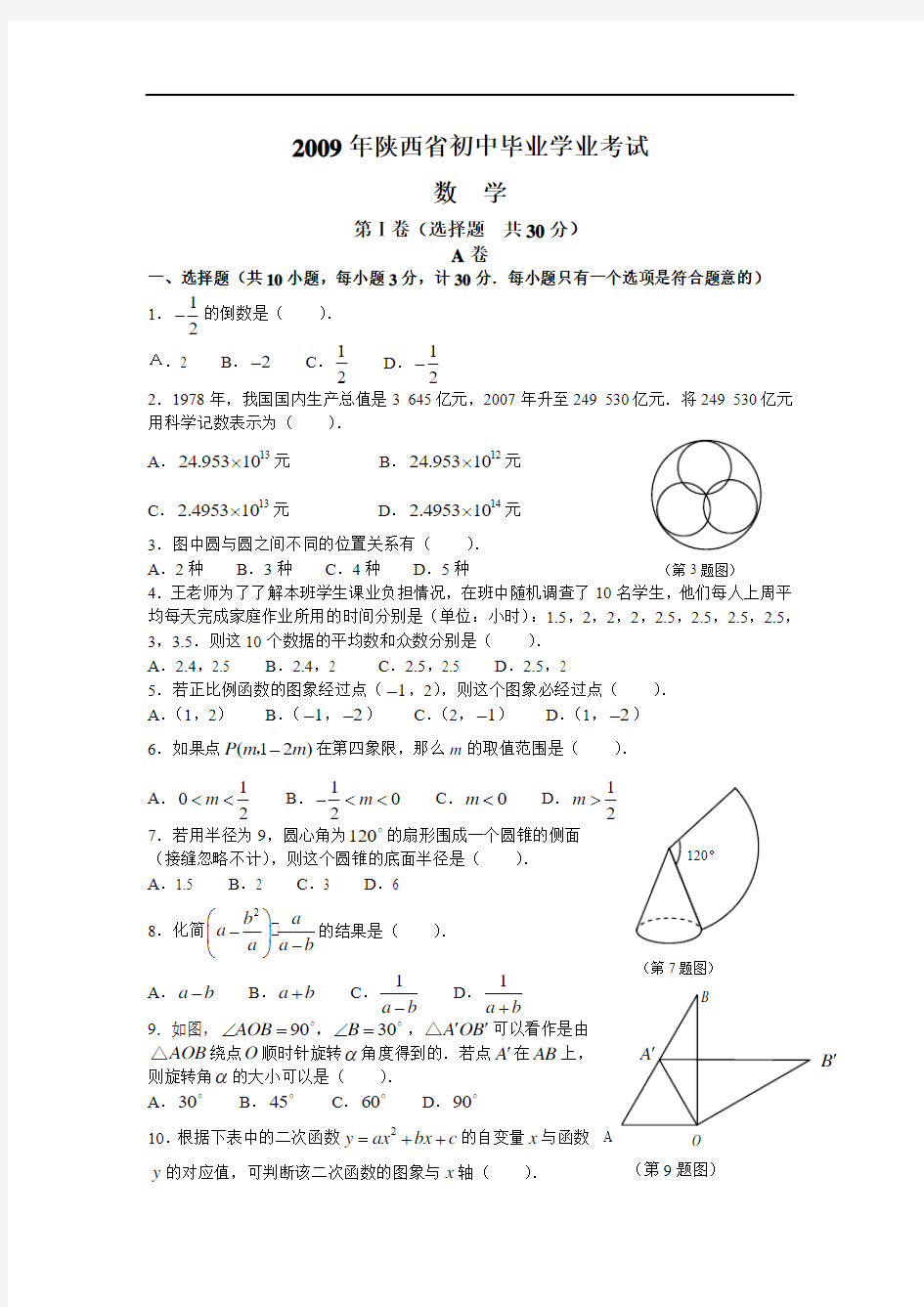 2009年陕西省中考数学试题(word版含答案)