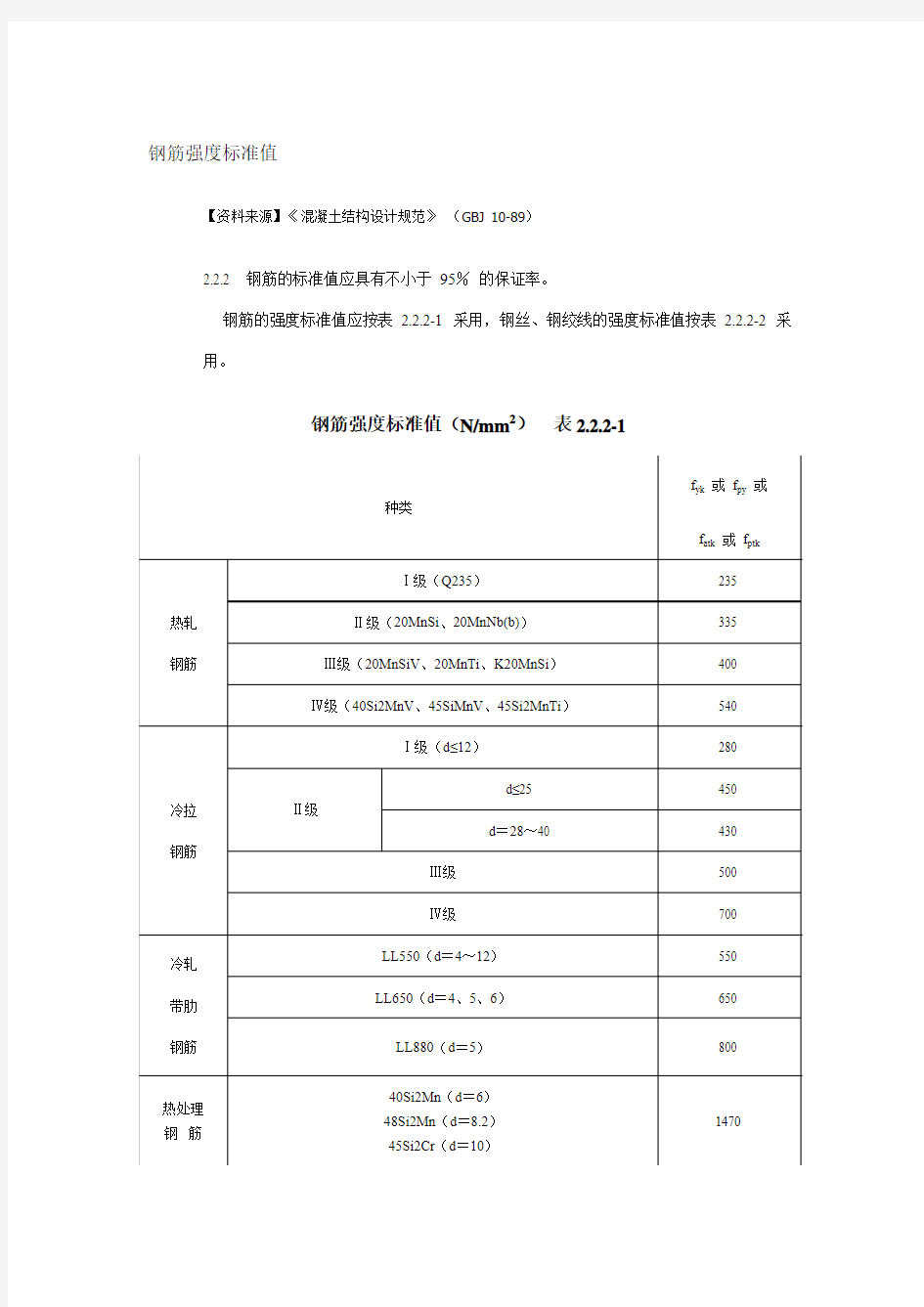 钢筋标准强度值