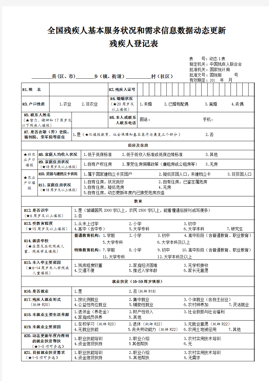 全国残疾人动态更新残疾人登记表