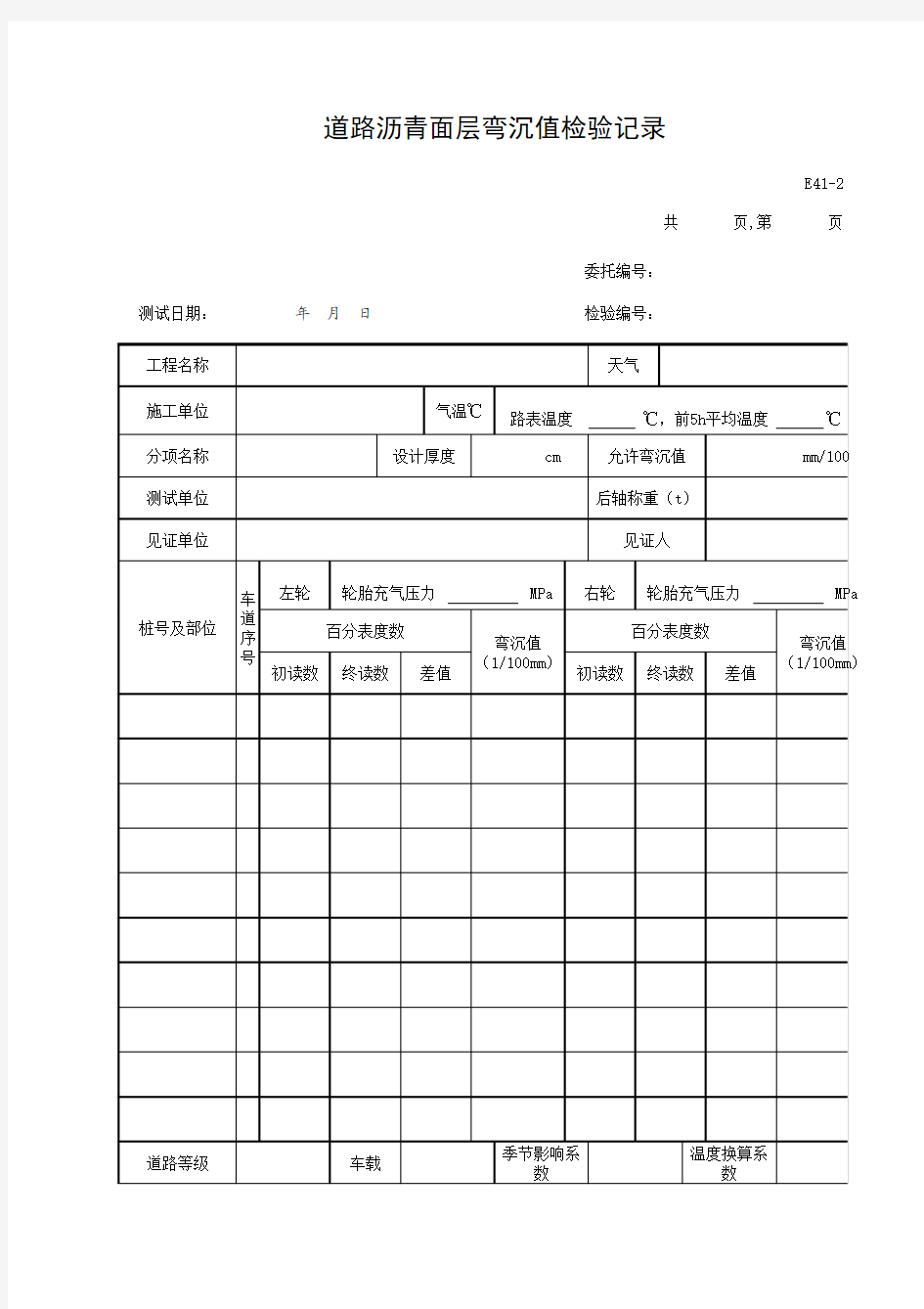 沥青路面弯沉值检验记录