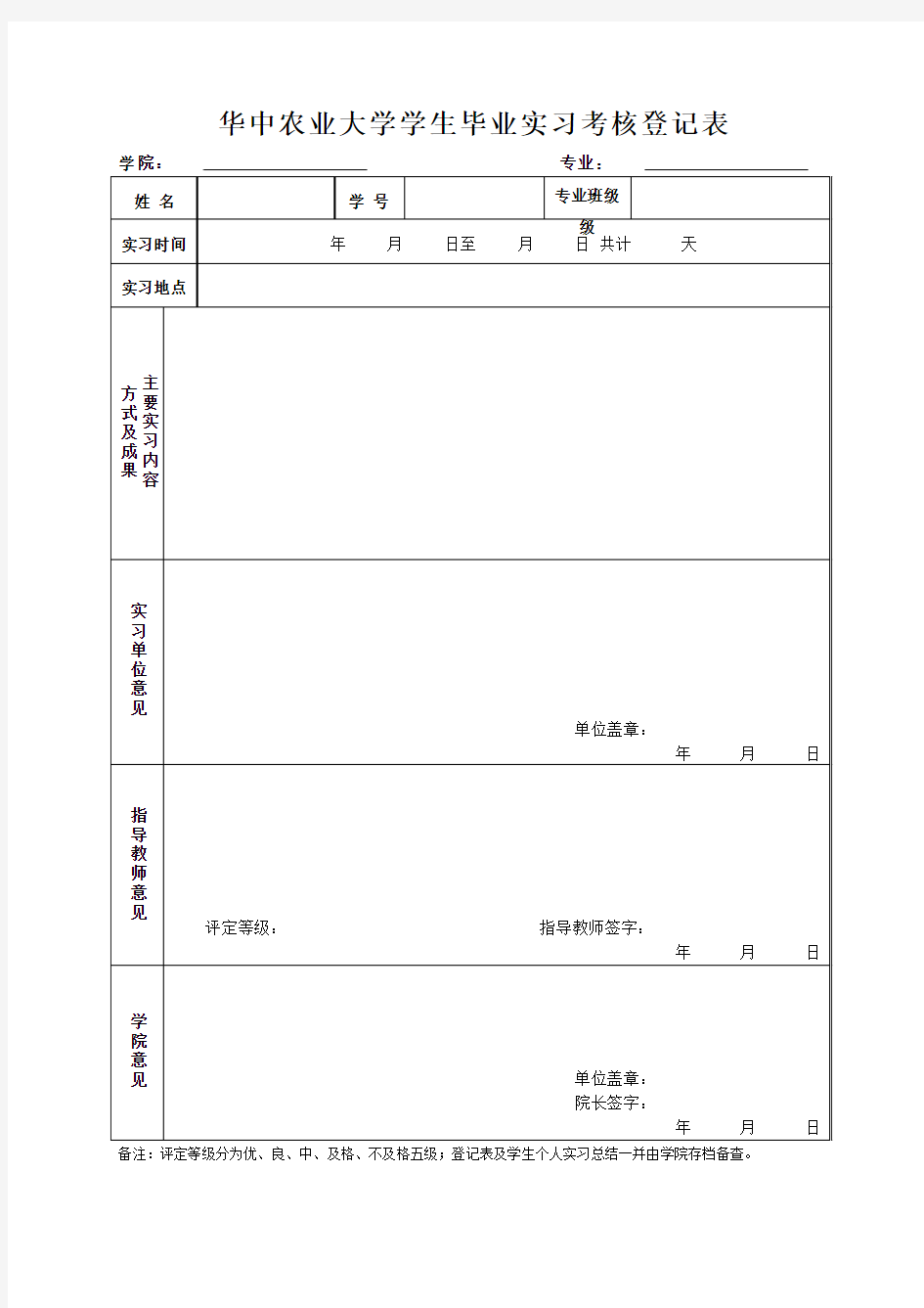 本科生毕业实习考核登记表