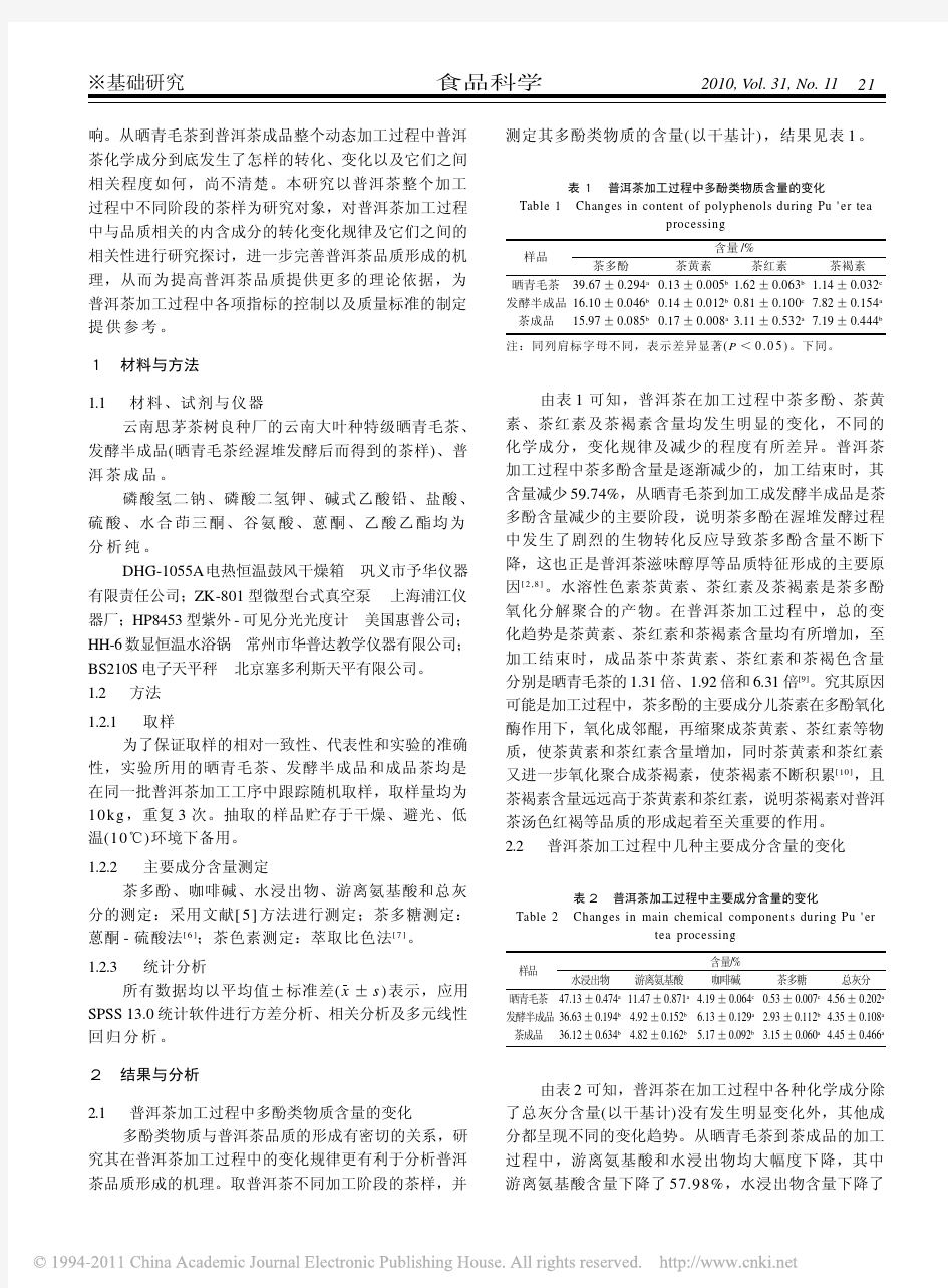 普洱茶加工过程中主要成分变化及相关性研究