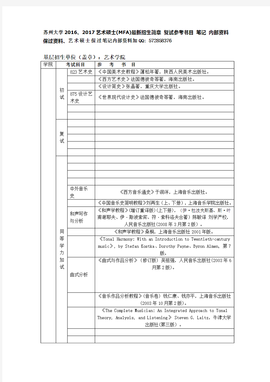 苏州大学2016、2017艺术硕士(MFA)最新招生简章 复试参考书目 笔记 内部资料 保过资料.docx