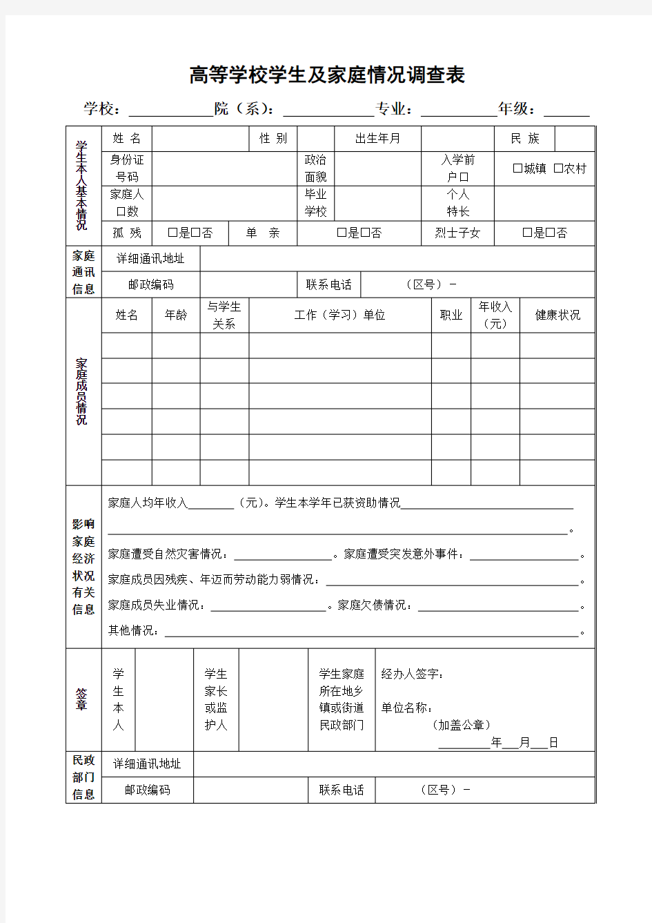 家庭情况调查表及贫困生申请表