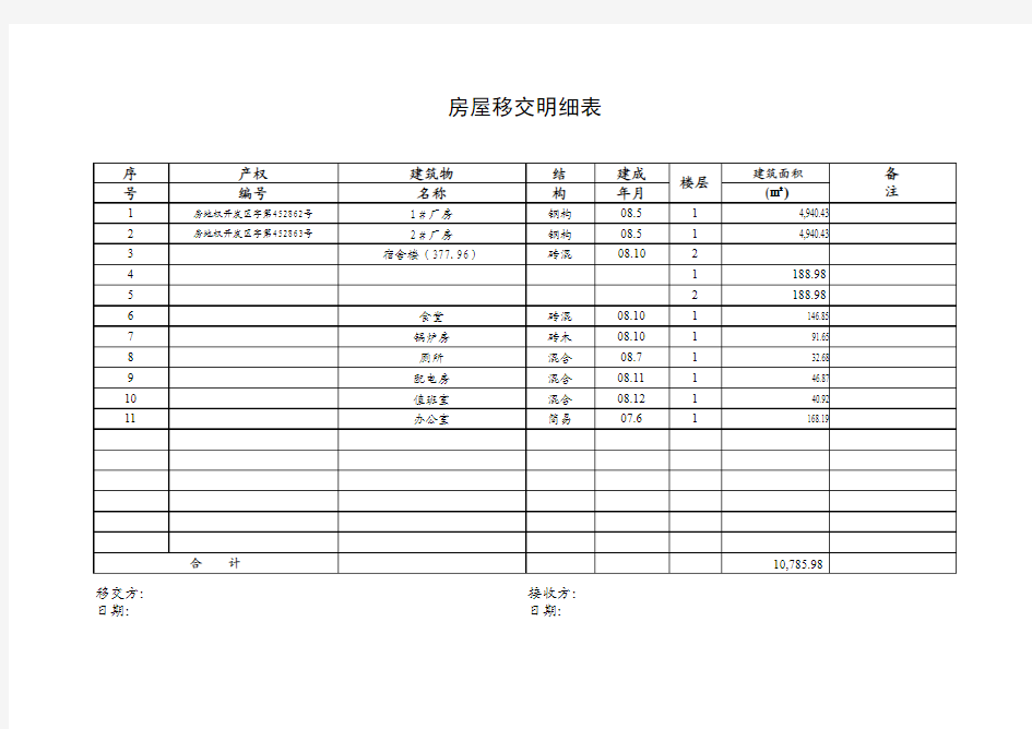 房屋移交表