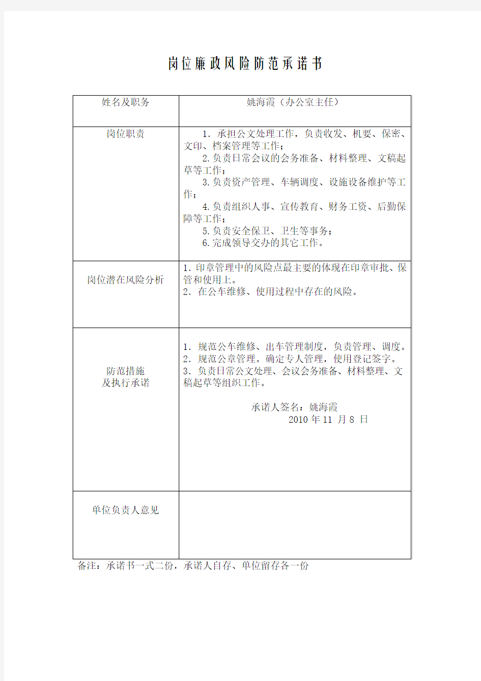 岗位廉政风险防范承诺书