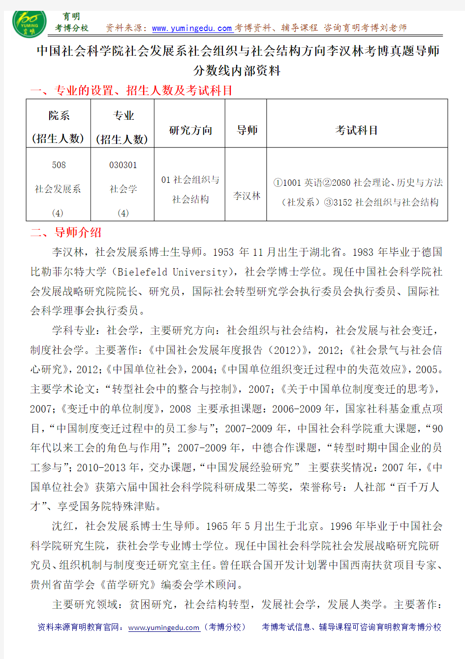中国社会科学院社会发展系社会组织与社会结构方向李汉林考博真题导师分数线内部资料