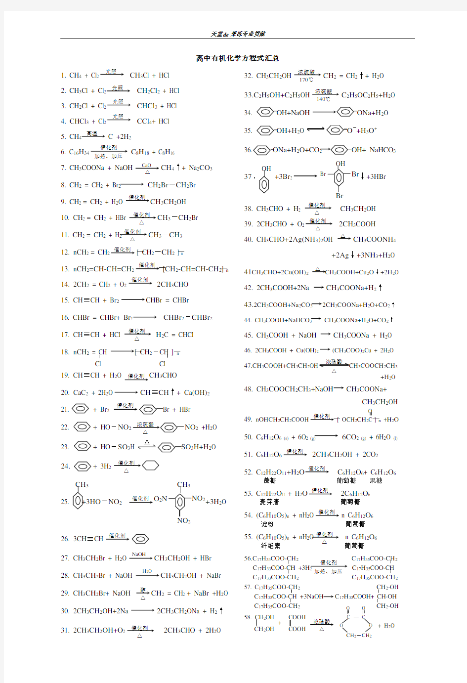 高中有机化学方程式汇总(大全)