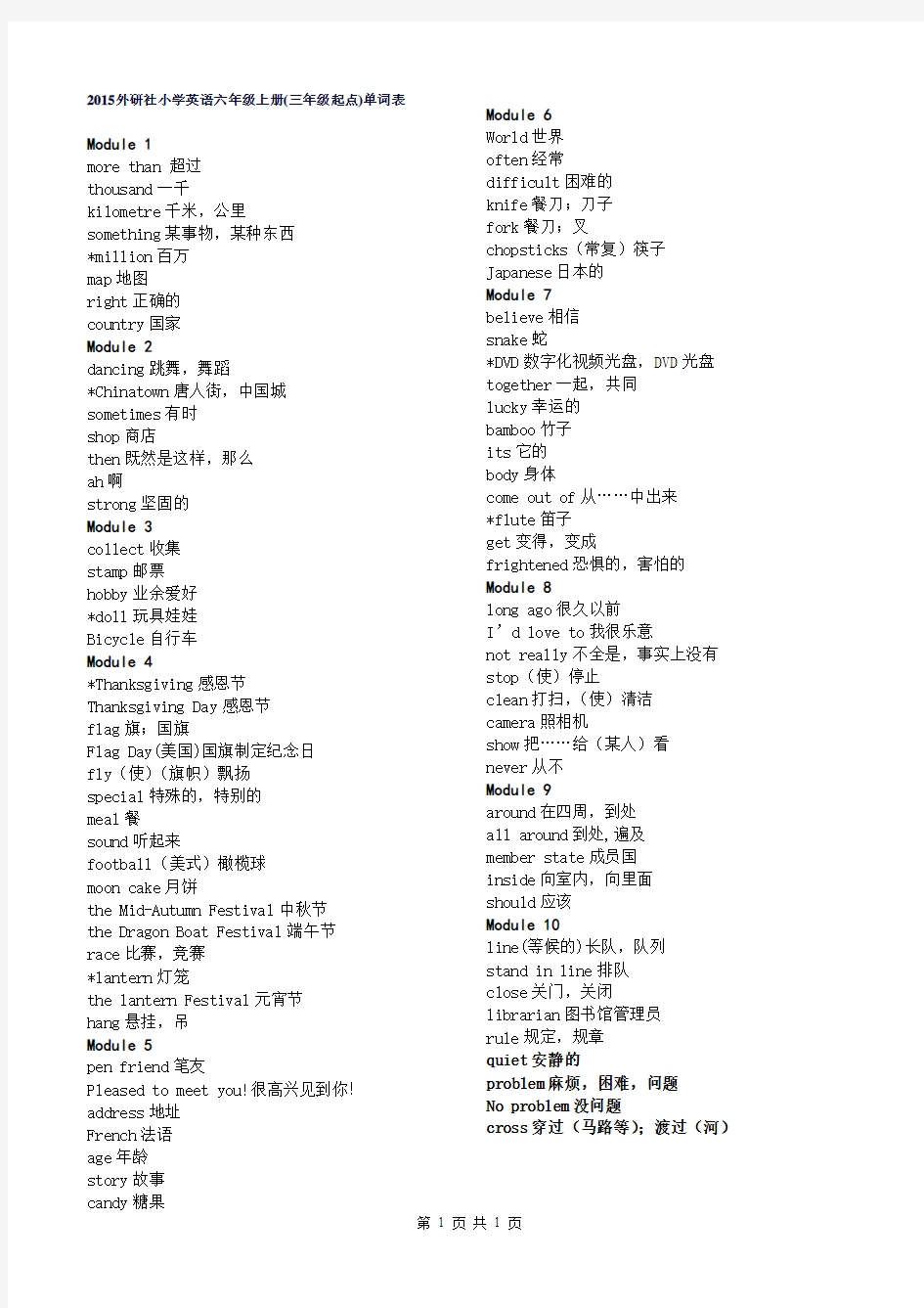 2015外研社小学英语六年级上册(三年级起点)单词表(无音标)