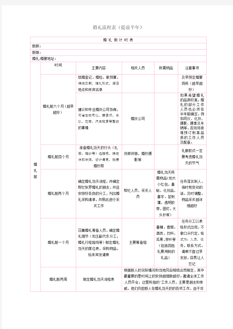 婚礼前期准备流程表(提前半年)