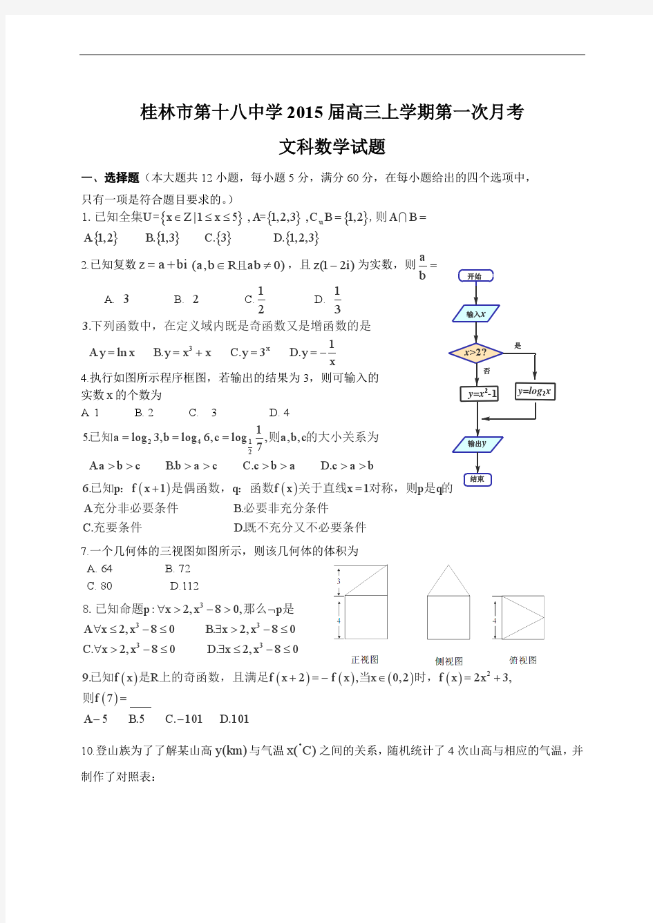 广西桂林市第十八中学2015届高三上学期第一次月考数学(文)试题