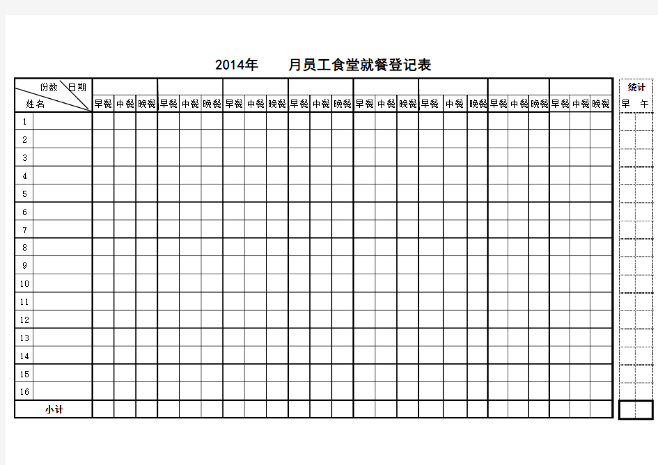 职工食堂就餐登记表