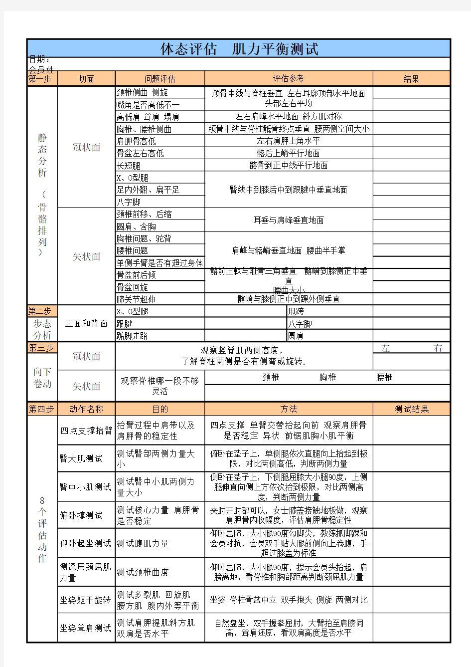 私人教练 体适能体态评估表