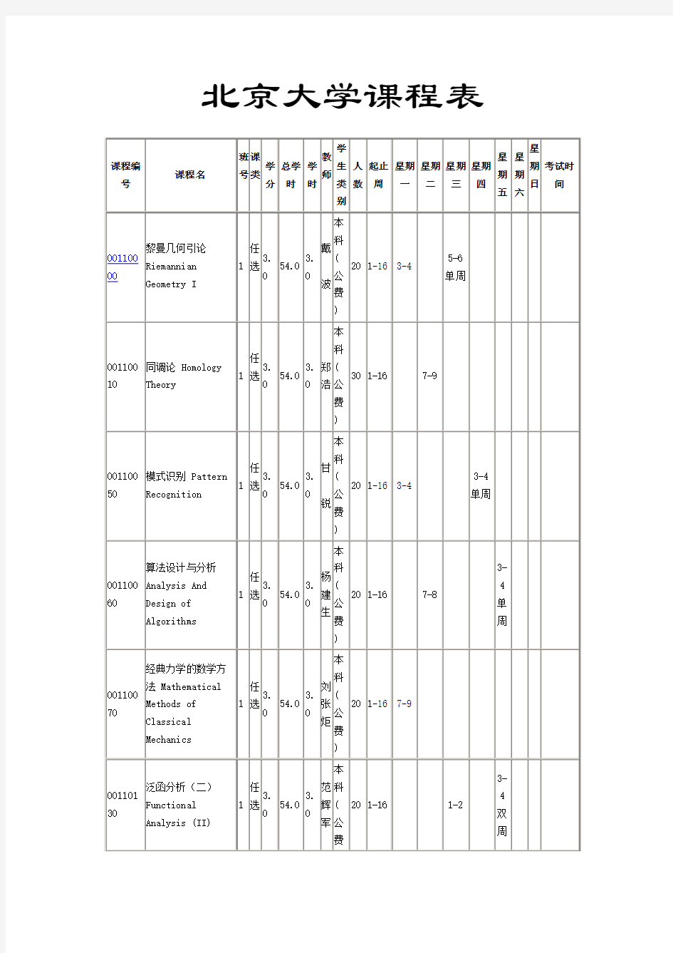 北京大学数学系课程表