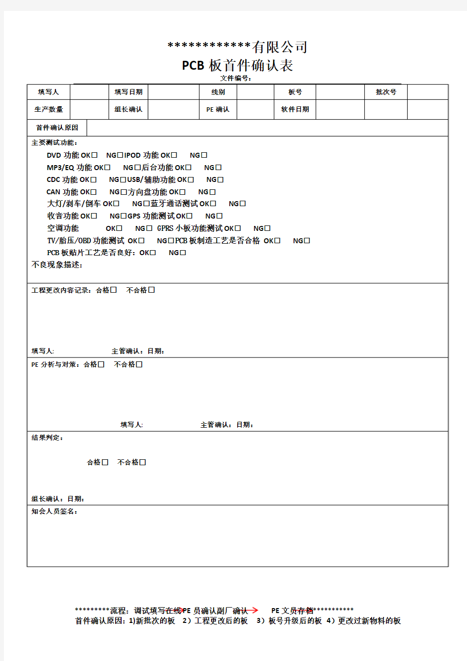 PCB板首件确认表