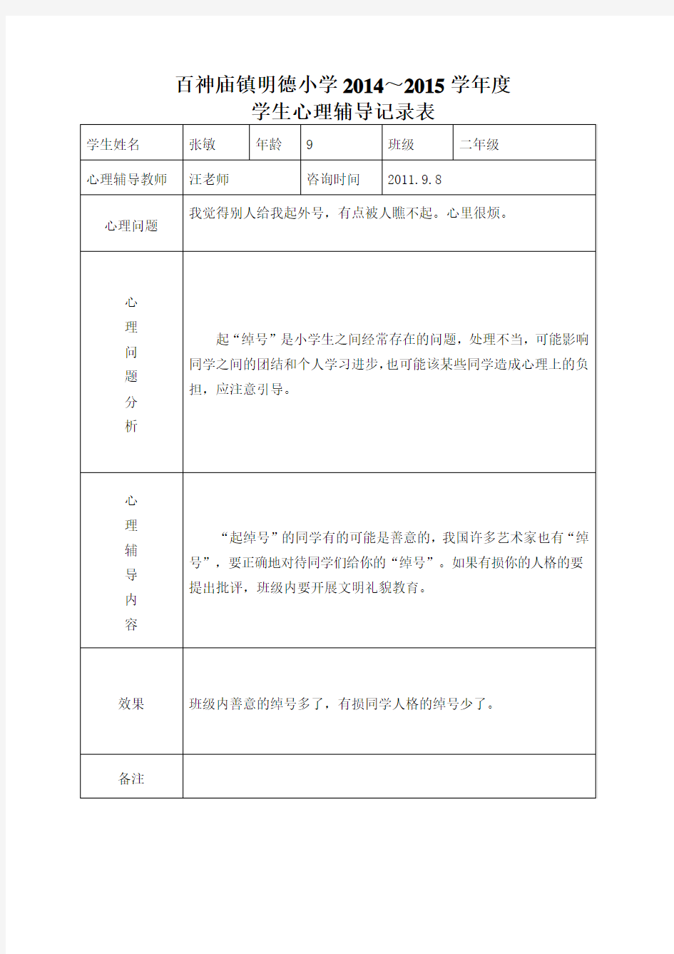 2014-2015小学心理咨询记录表[1]3